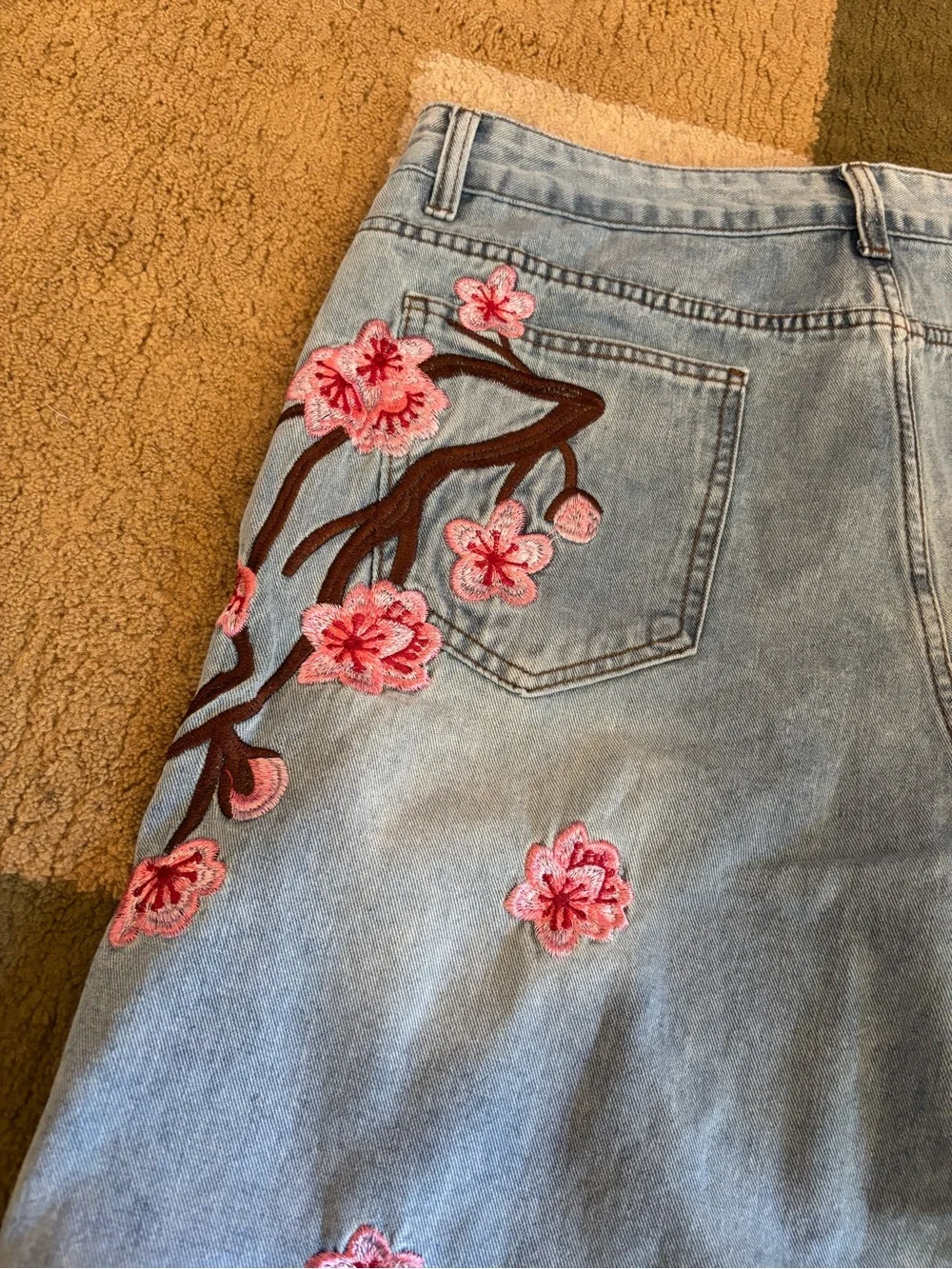 ROMWE Light Blue Denim Shorts with Pink Floral Embroidery